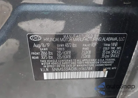 2020 Hyundai Santa Fe Sel from USA, damaged, VIN 5NMS33AD8LH161784